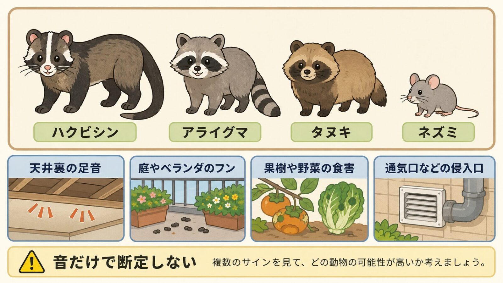 ハクビシン、アライグマ、タヌキ、ネズミと天井裏の足音や果実の食害などの被害サインを比較する図鑑風イラスト