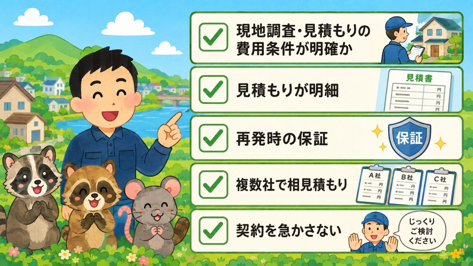 ひたちなか市の害獣駆除で失敗しない業者選び5つのチェックポイントを示す図。現地調査・見積もりの費用条件が明確か・見積もりが明細・再発時の保証・複数社で相見積もり・契約を急かさないの5項目をチェックリストで並べ、急かす業者は冷静に比較できずトラブルになりやすいと守谷タクミが添えるいらすとや風イラスト。