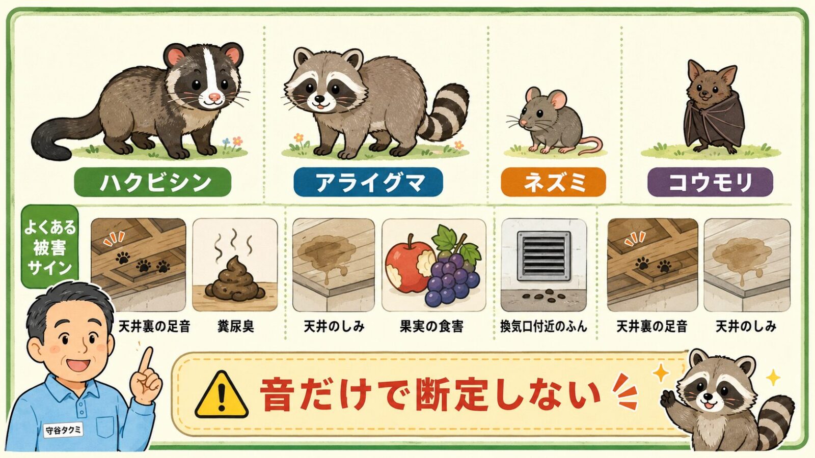 ハクビシン、アライグマ、ネズミ、コウモリと天井裏の足音や糞尿臭などの被害サインを比較する図鑑風イラスト