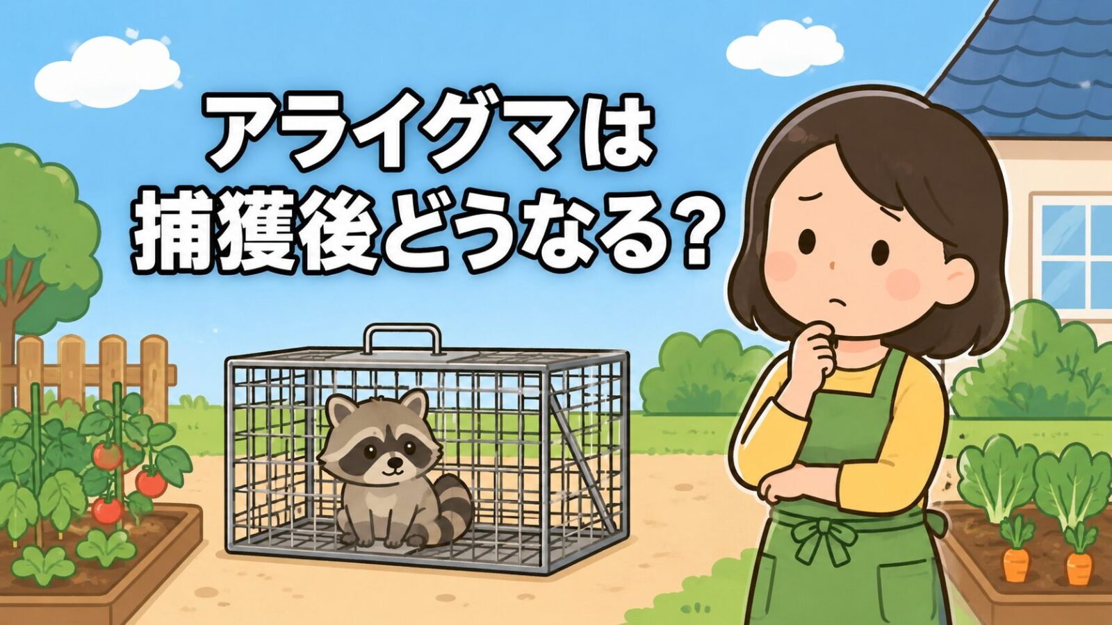 家庭菜園のある庭先で、箱わなの中に座る小さなアライグマと、どうしようかと考えるエプロン姿の住人を描いたいらすとや風イラスト。アライグマは捕獲後どうなるのか、放せない理由と正しい手続きを解説する記事のメインアイキャッチ画像。