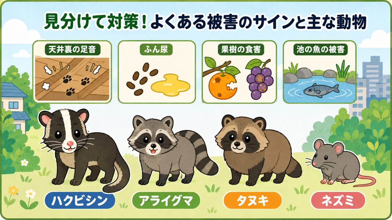 ハクビシン、アライグマ、タヌキ、ネズミの特徴を比較するいらすとや風図鑑イラスト