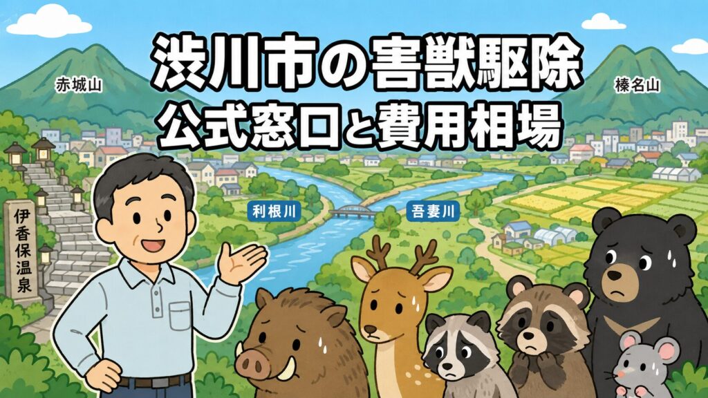 渋川市の害獣駆除について、公式窓口と費用相場を親しみやすく示したアイキャッチ画像。