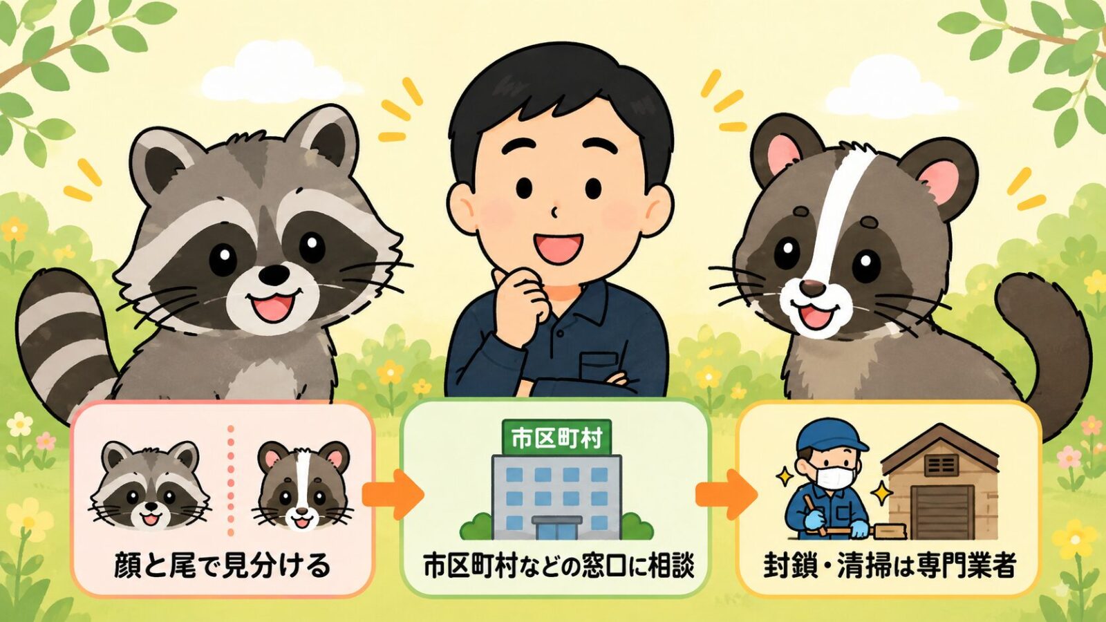 アライグマとハクビシンの見分けと対処のまとめ図。顔と尾で見分ける(アライグマは黒いマスクと尾のしま・ハクビシンは鼻すじの白い線)、どちらも許可なく捕獲できないので市区町村などの窓口に相談、封鎖や清掃は専門業者で比較という流れを、守谷タクミが安心した表情で示すいらすとや風イラスト。