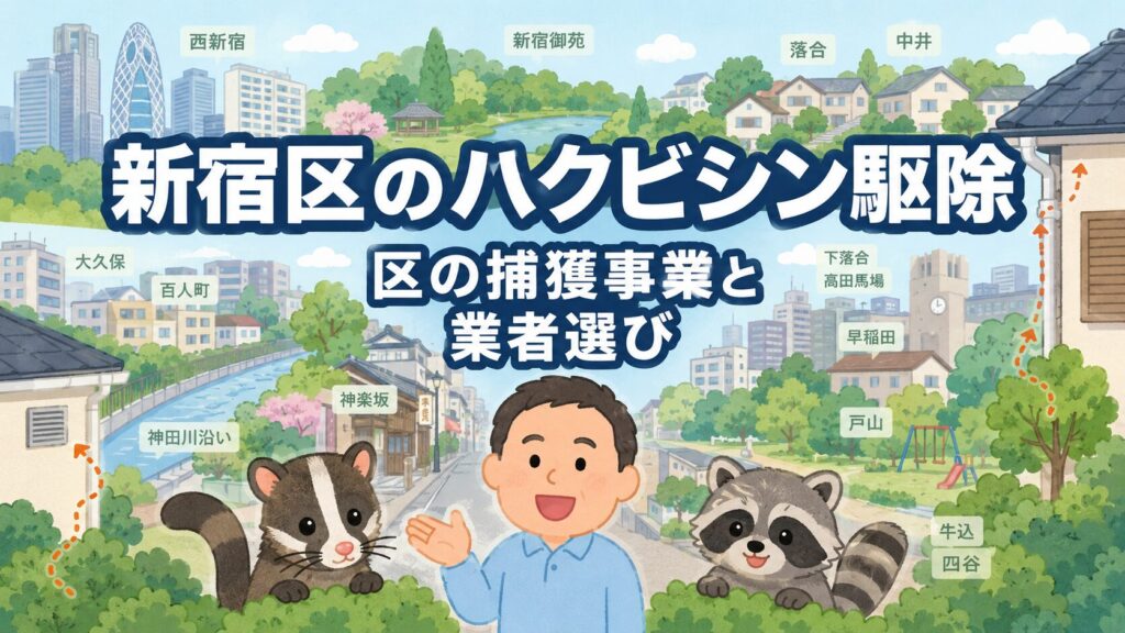 新宿区の住宅地と公園の緑を背景に守谷タクミとハクビシンを描いたアイキャッチ画像