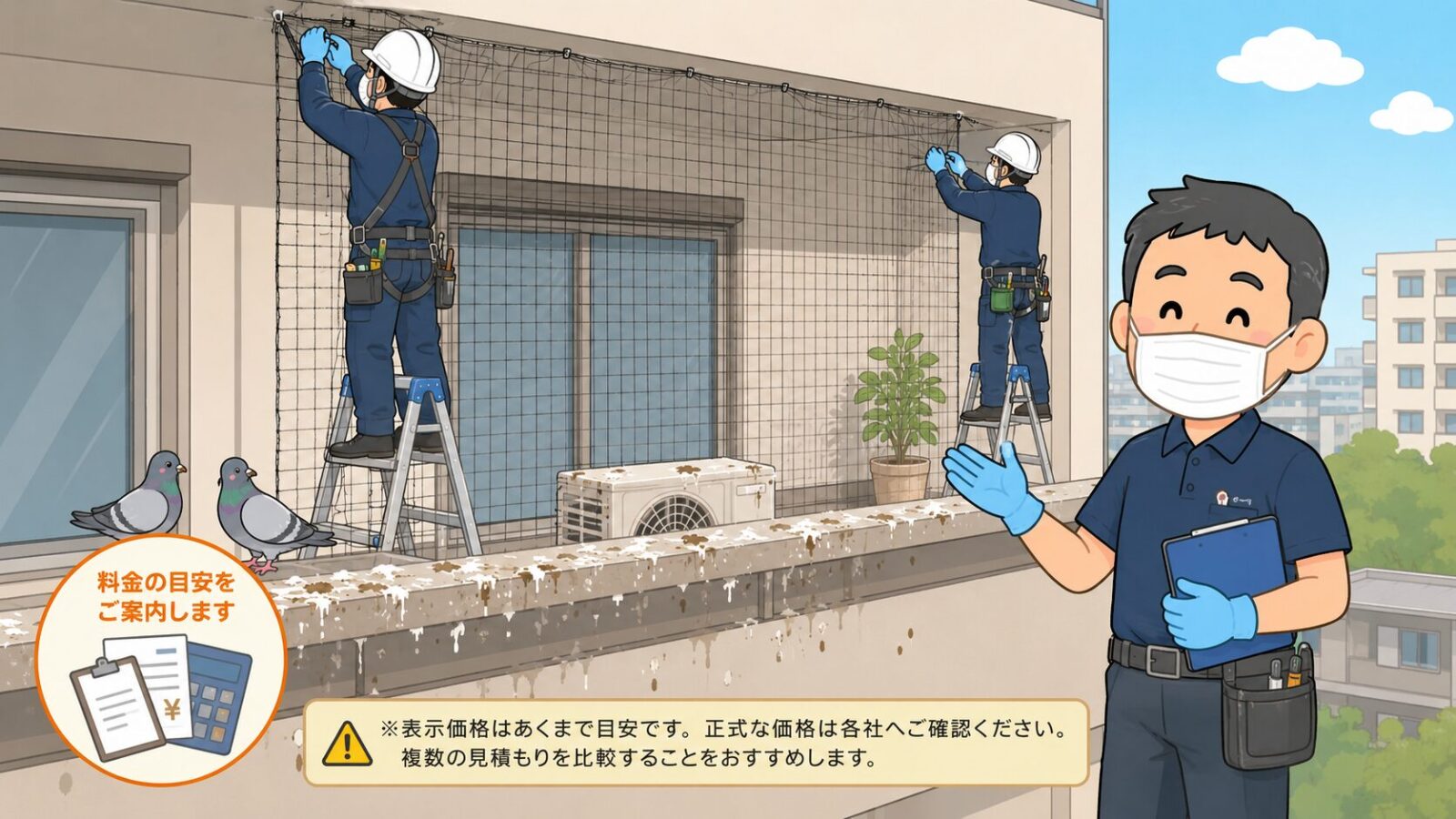 ハトの糞が多い、高所作業、巣の疑いがある場合に専門業者へ相談する目安を整理した図解。