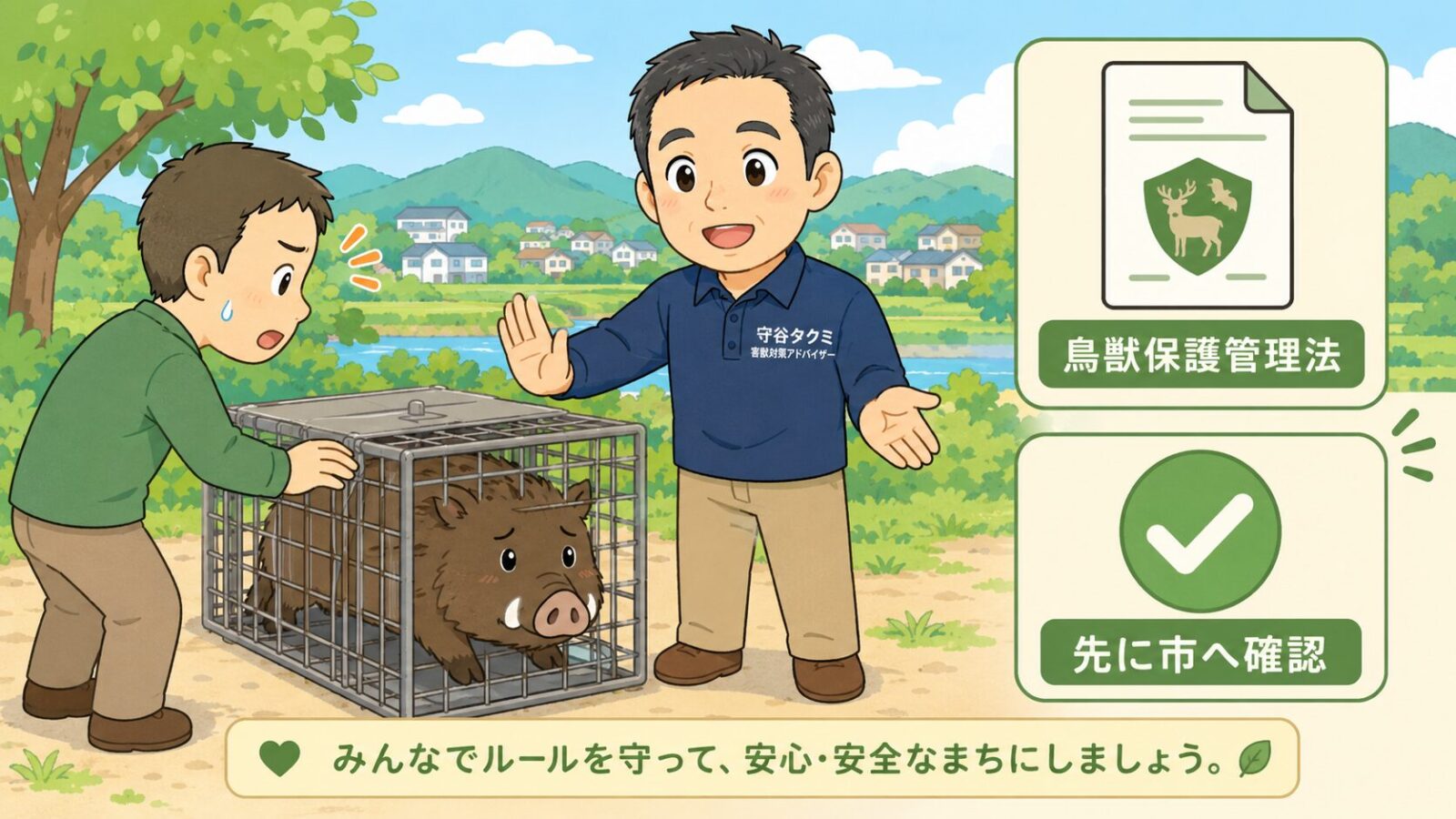 野生鳥獣の捕獲は自己判断で進めず、鳥獣保護管理法と市への確認が必要なことを示した図解。