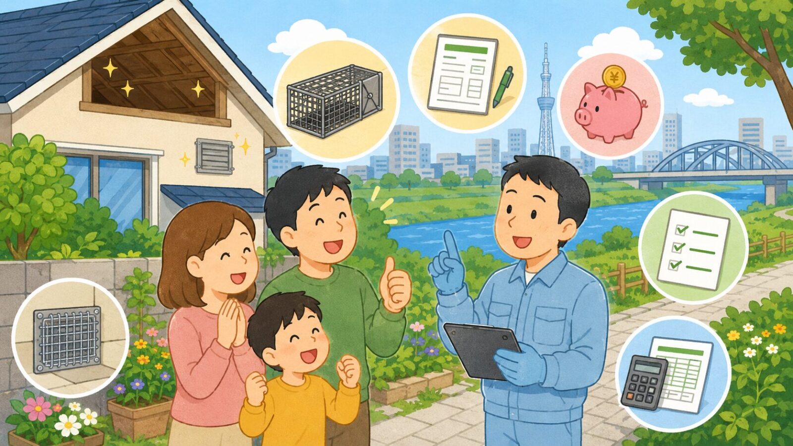足立区のハクビシン被害が解決して安心した家族と守谷タクミを描いたまとめ画像