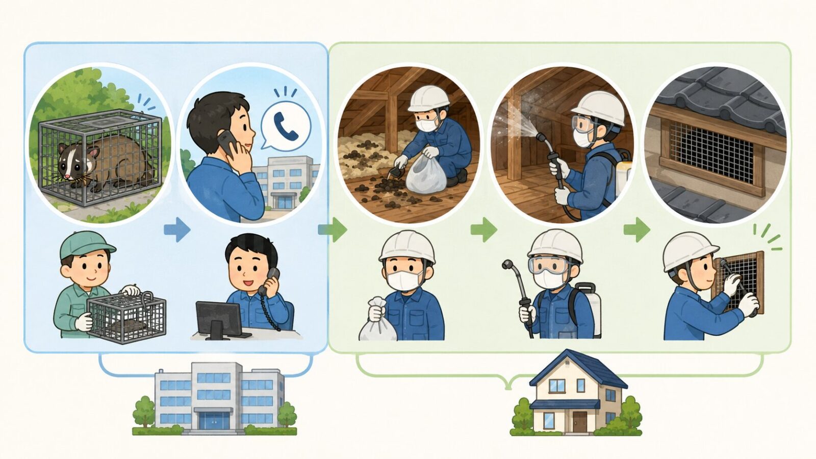 相模原市で市への相談だけでは完結しにくい清掃や侵入口封鎖の作業を示すイラスト
