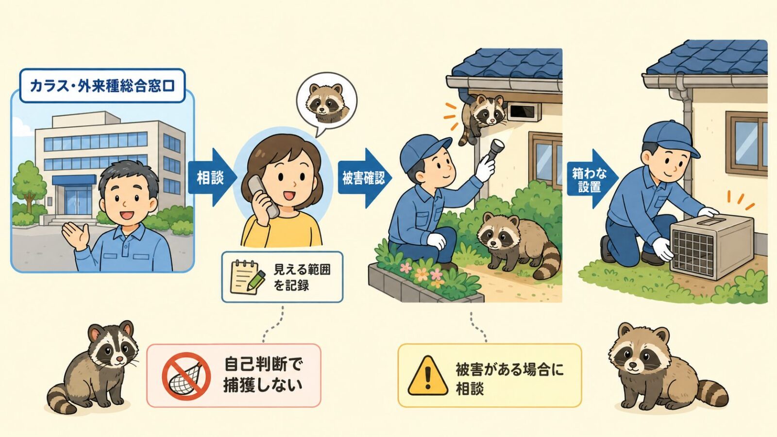 品川区の公式相談窓口と箱わな設置の流れを示す図解