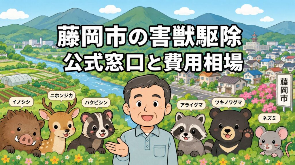 藤岡市の害獣駆除について、公式窓口と費用相場を親しみやすく示したアイキャッチ画像。