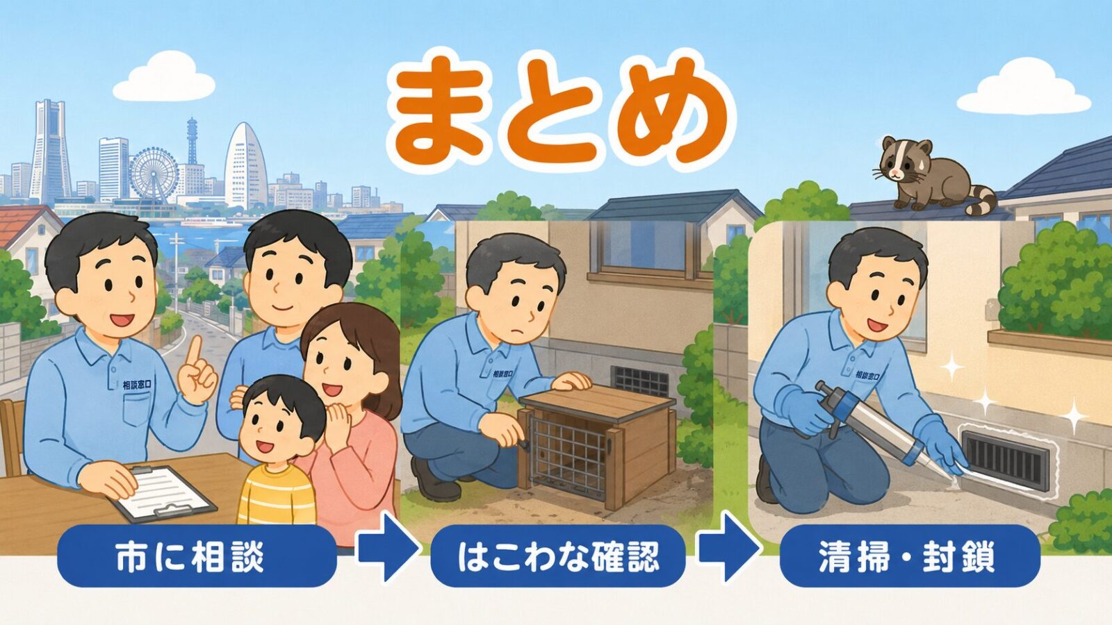 横浜市で市への相談、はこわな確認、清掃と侵入口封鎖まで進めて安心した住民を描いたまとめ画像