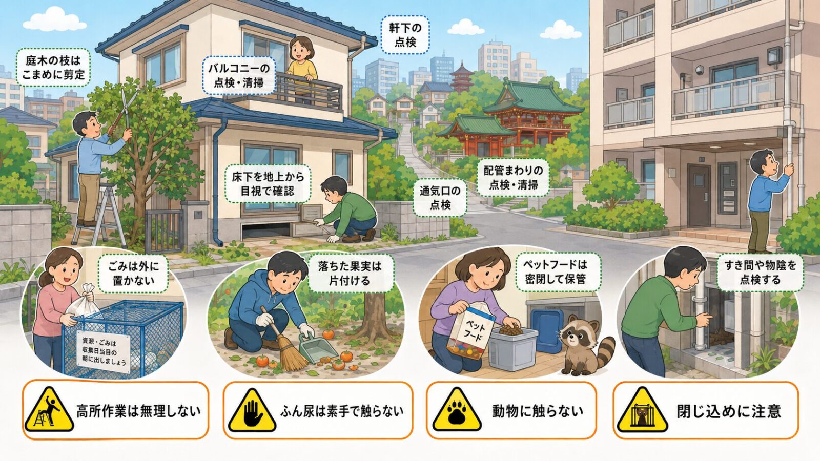 文京区で自分でできるハクビシン予防と応急対策のイラスト