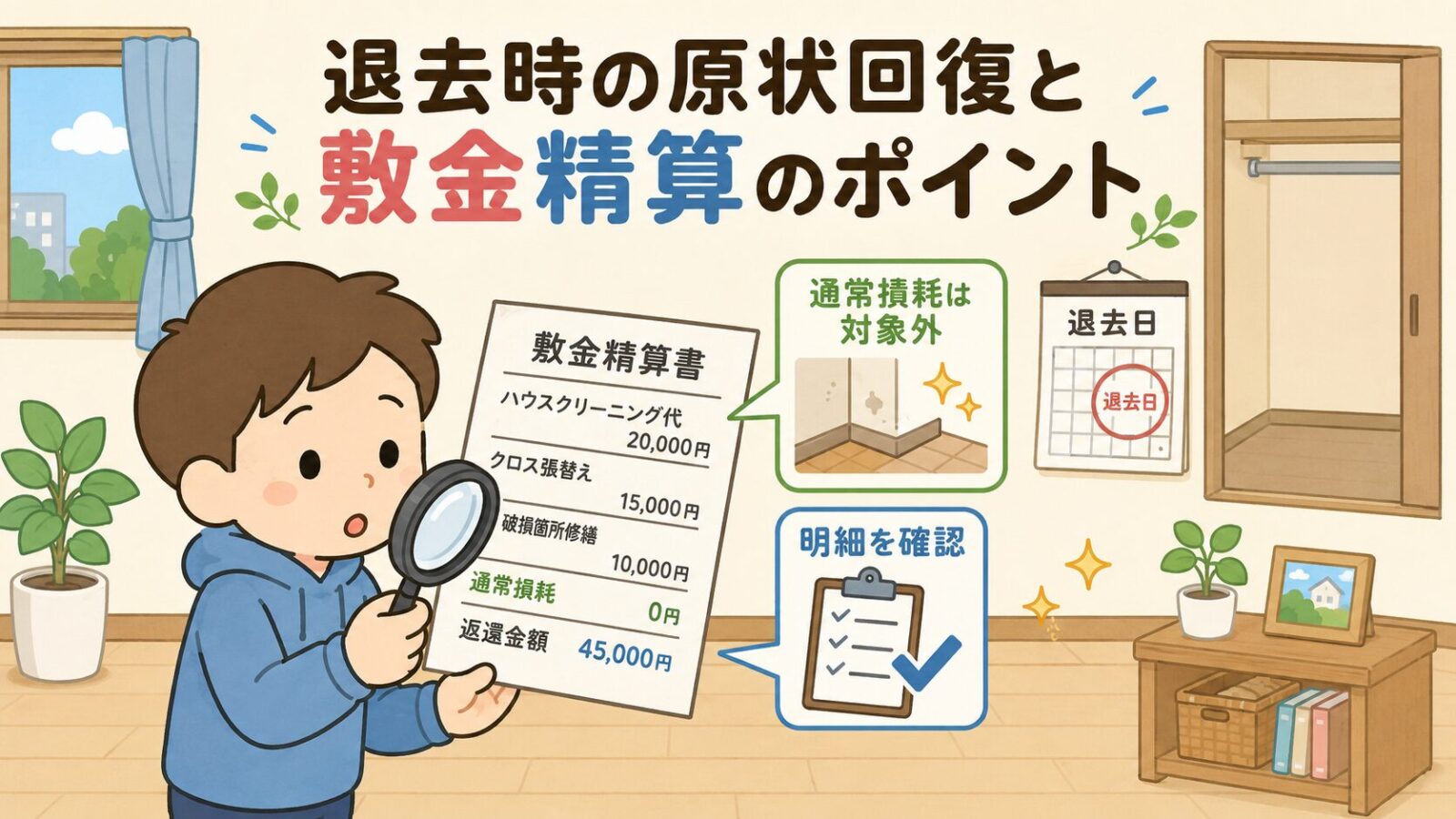賃貸退去時の原状回復と敷金精算で、明細を確認し通常損耗と破損修繕を分けるポイントを示した図解。
