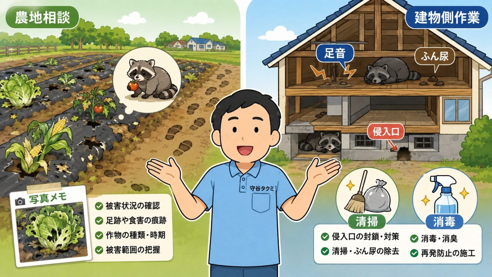 草加市で農地相談と住宅の建物側作業を分けて考える流れを示した図解。