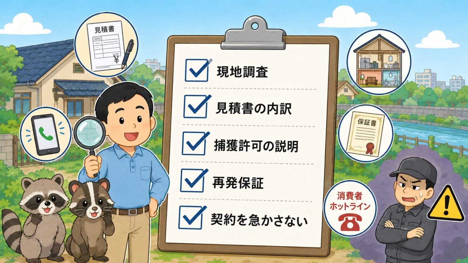 杉並区でハクビシン駆除業者を選ぶときに現地調査、見積書、許可説明、保証を確認するチェックリスト