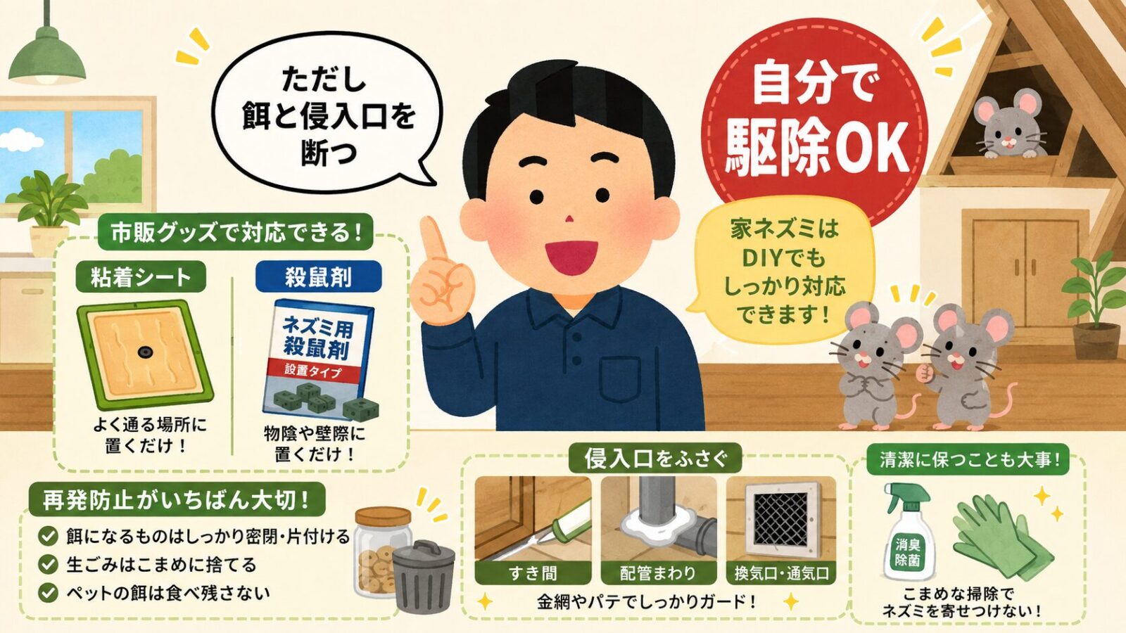 市販グッズで自分でネズミ駆除はできるかを示す図。家に住みつくクマネズミ・ドブネズミ・ハツカネズミは鳥獣保護管理法の対象外で自分で駆除できること、ただし餌と侵入口を断つのが前提であることを、粘着シートや殺鼠剤のグッズとともに守谷タクミが案内するいらすとや風イラスト。