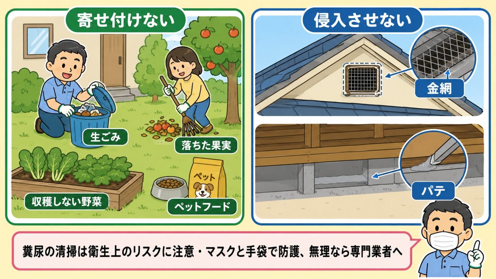 古河市で自分でできる害獣の予防・応急対策を示す図。寄せ付けない(生ごみ・落ちた果実・収穫しない野菜・ペットフードを置かない)と侵入させない(屋根裏・通気口・床下のすき間を金網やパテで塞ぐ)の2本柱を守谷タクミが案内し、糞尿の清掃は衛生上のリスクに注意し防護のうえか専門業者へと添えるいらすとや風イラスト。