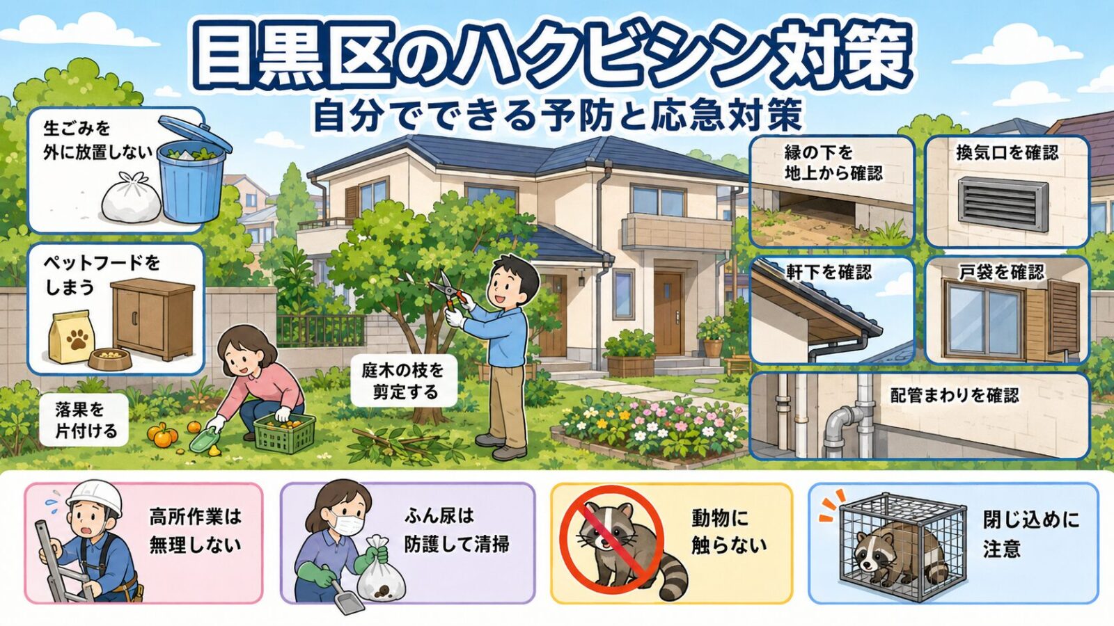 目黒区で自分でできるハクビシン予防と応急対策のイラスト