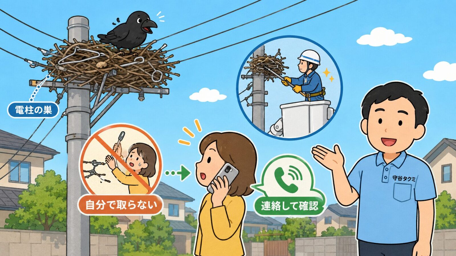 草加市で電柱上のカラスの巣を見つけたときに自分で取らず連絡して確認する流れを示した図解。
