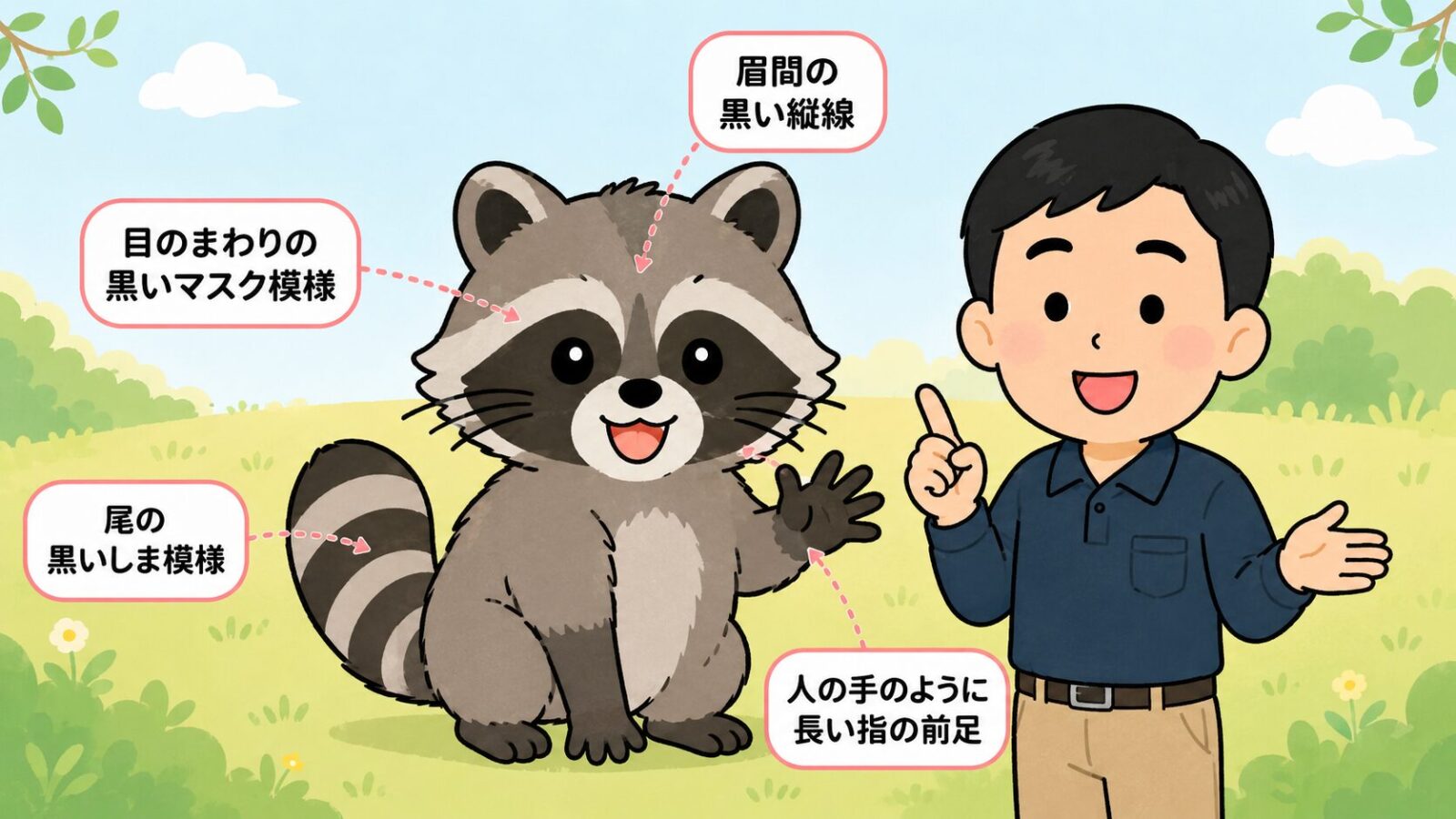アライグマの特徴と見分けポイントを示す図。目の周りの黒いマスク模様・眉間の黒い縦線・尾の黒いしま模様(リング)・人の手のように器用な前足を矢印で示し、特定外来生物であることを守谷タクミが解説するいらすとや風イラスト。