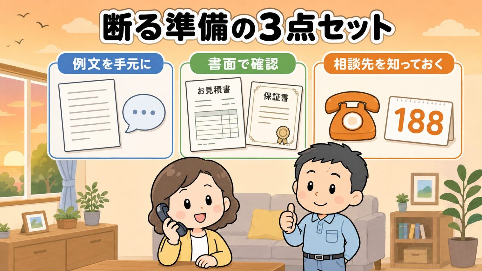 ハウスプロテクトの断り方まとめの図解。見積もりは契約ではない・例文で簡潔に伝える・契約後はクーリングオフと188という3つのポイントを確認し、安心した表情で電話をかける家主と守谷タクミが並ぶいらすとや風イラスト。