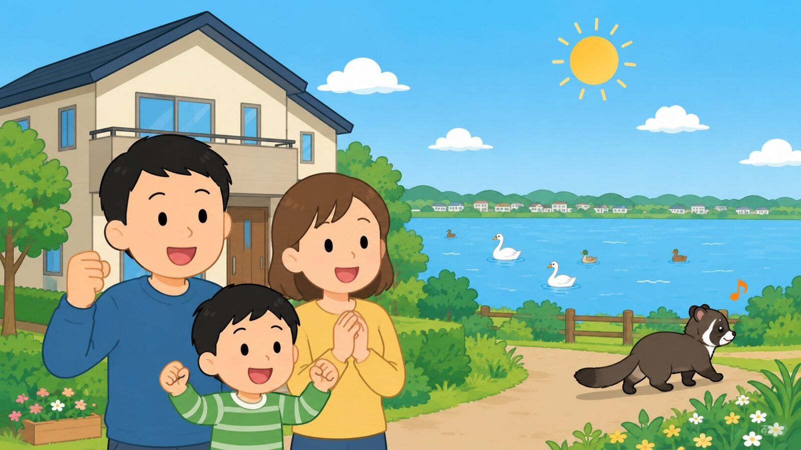 対策を終えた我孫子市の住宅前で安心する家族と手賀沼沿いの緑を描いたいらすとや風イラスト