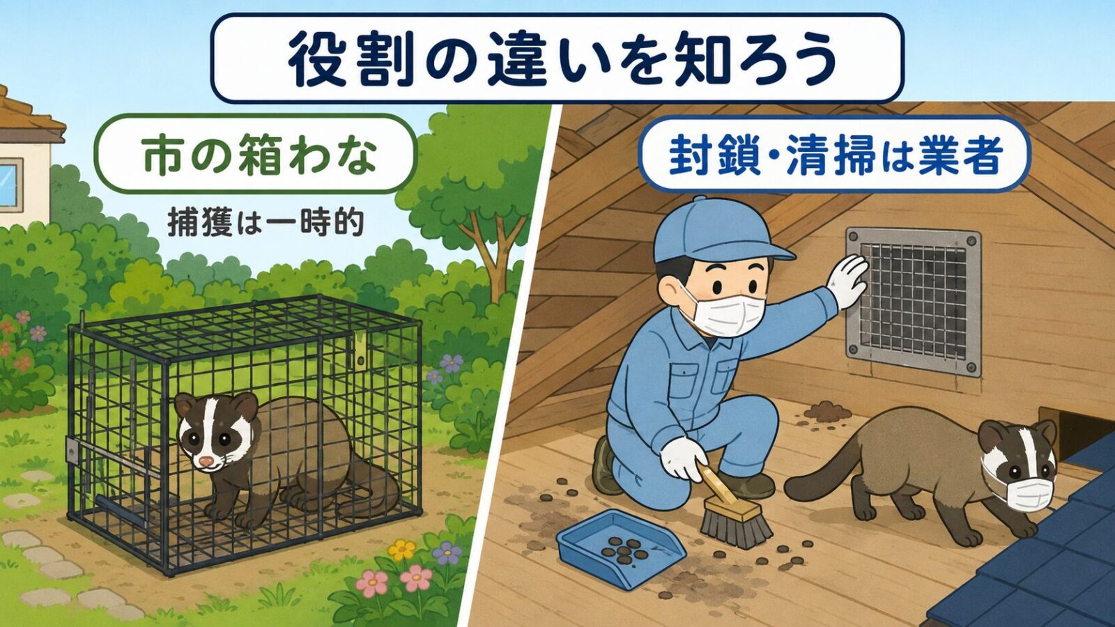 八千代市の箱わな設置と民間業者に依頼する屋根裏の清掃・封鎖作業の役割分担を比較したいらすとや風イラスト