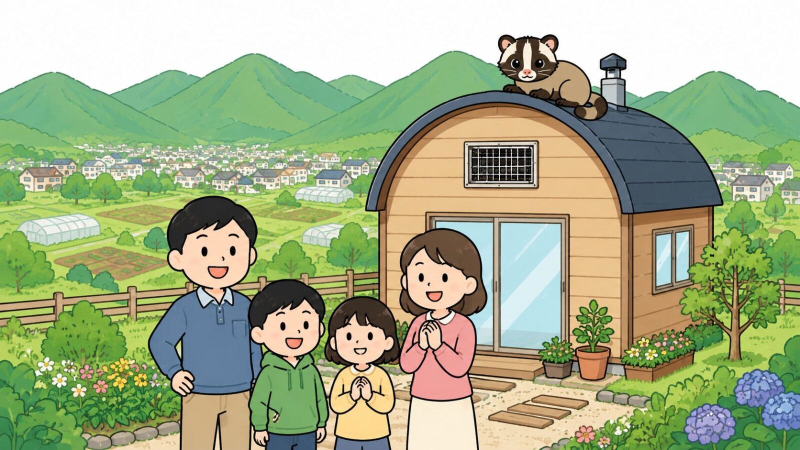 対策を終えた秦野市の住宅の前で安心する家族と丹沢の山並みを描いたいらすとや風イラスト