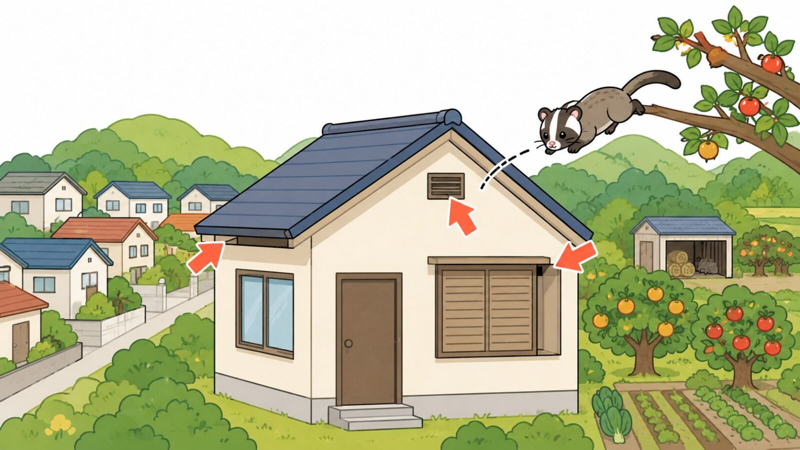 市原市の住宅地、農地、里山でハクビシンの侵入経路を点検するいらすとや風イラスト