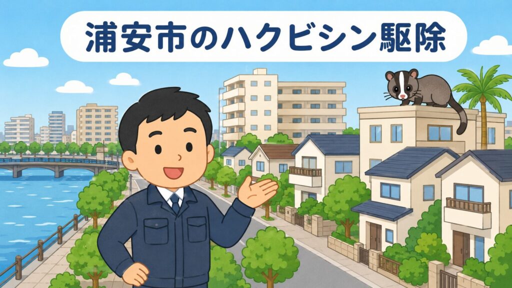 浦安市の湾岸の街並みと集合住宅・戸建てを背景に、屋根からのぞくハクビシンと案内する守谷タクミを描いたいらすとや風イラスト