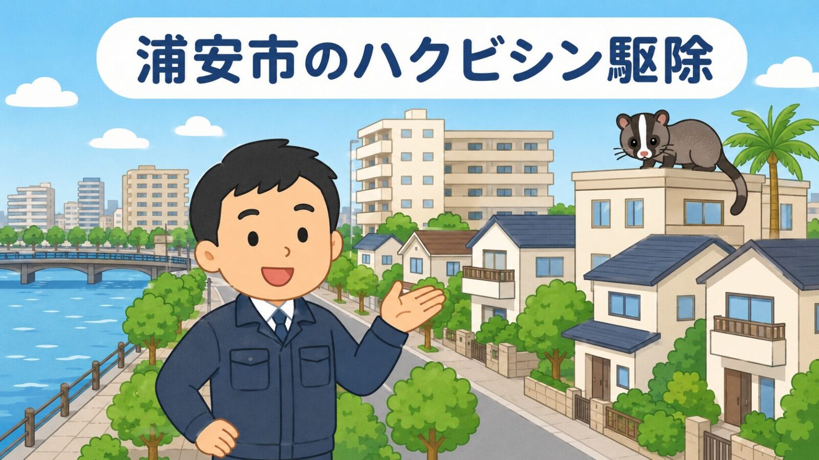 浦安市の湾岸の街並みと集合住宅・戸建てを背景に、屋根からのぞくハクビシンと案内する守谷タクミを描いたいらすとや風イラスト