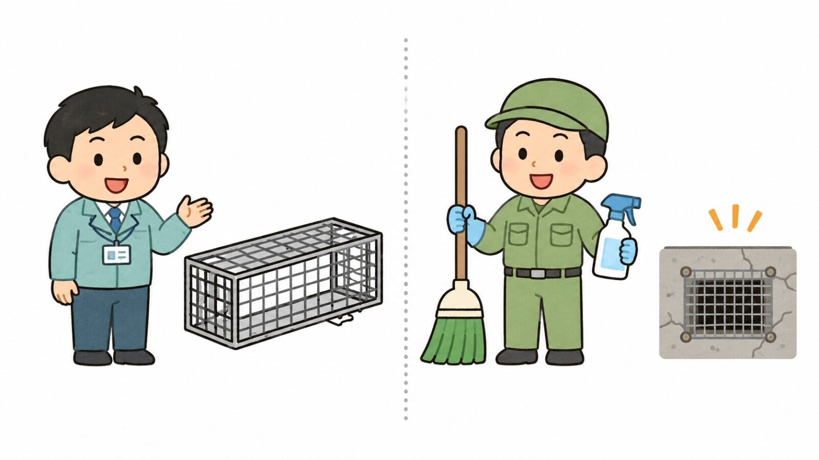 小田原市の箱わな貸出制度と民間業者の清掃・封鎖作業の役割分担を比較したいらすとや風イラスト