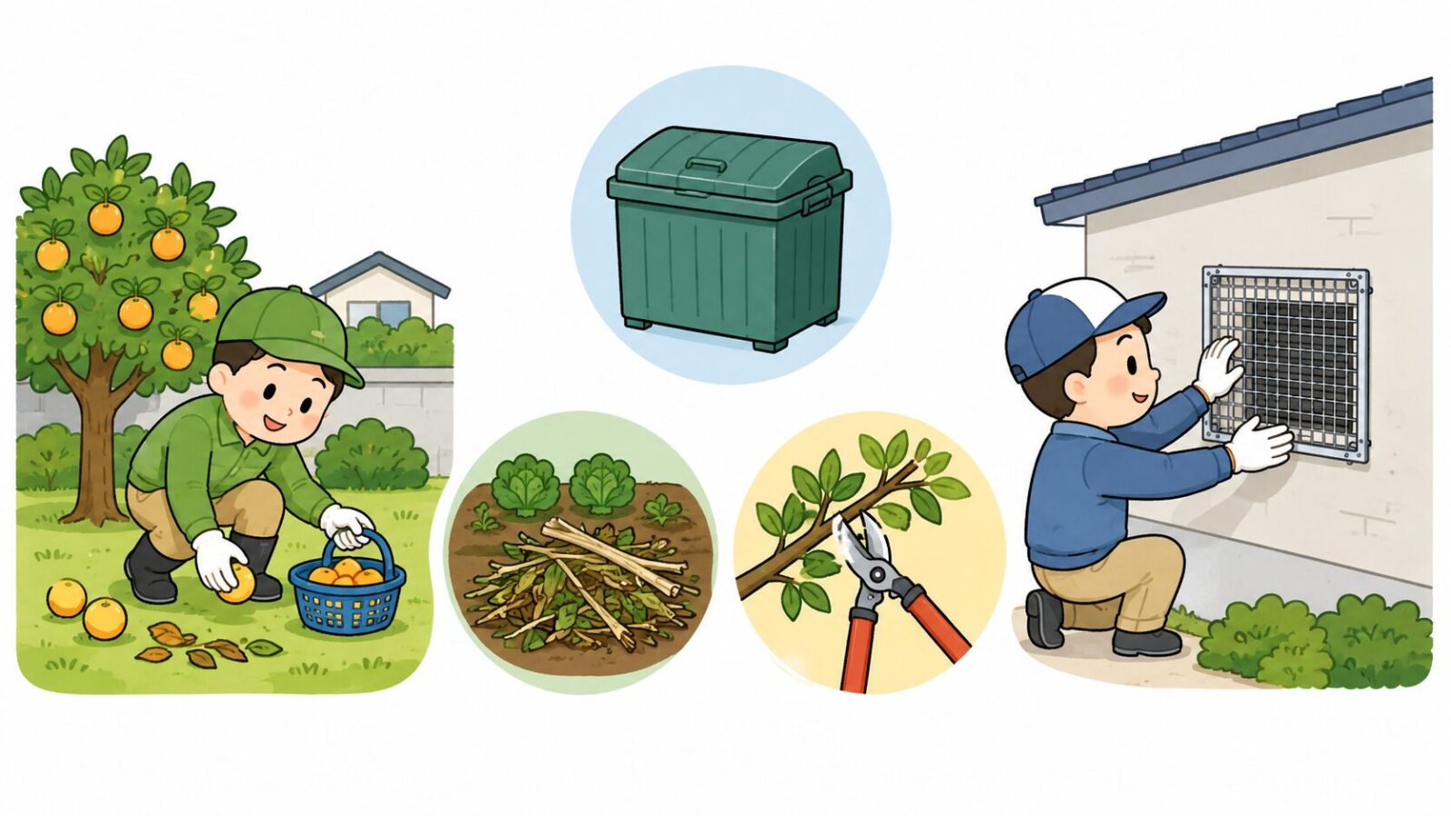 果樹の落果片付けと屋根付近の隙間点検をする家族のいらすとや風イラスト