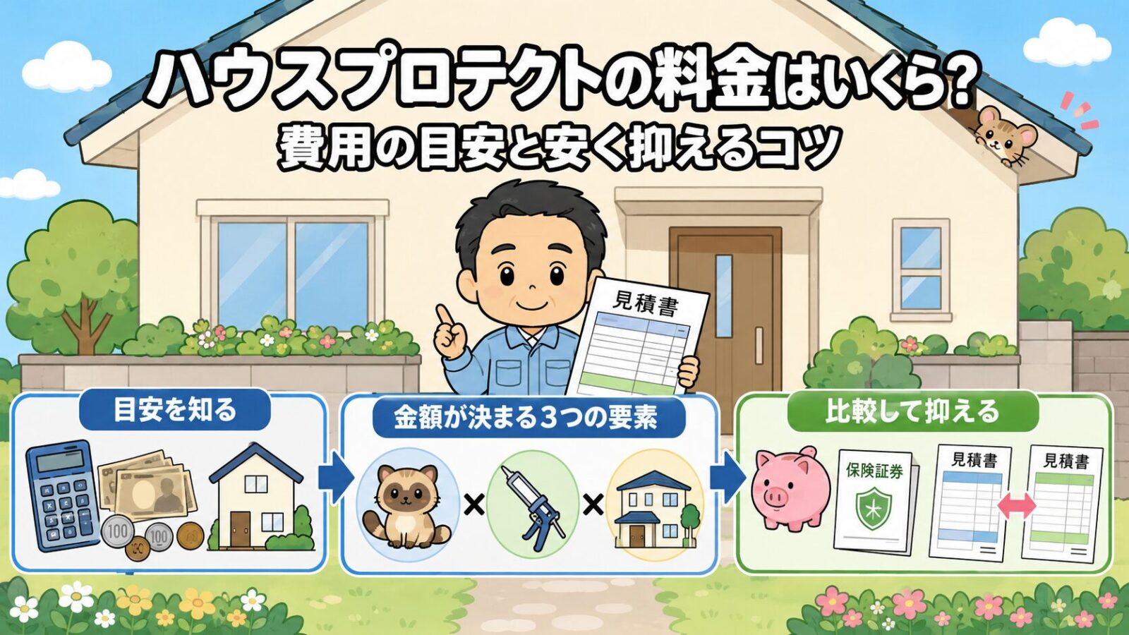ハウスプロテクトの料金はいくら?のメインアイキャッチ。費用の目安を知る・金額が決まる3つの要素・比較して抑えるの3ブロックを、見積書を持った守谷タクミが案内するいらすとや風イラスト。
