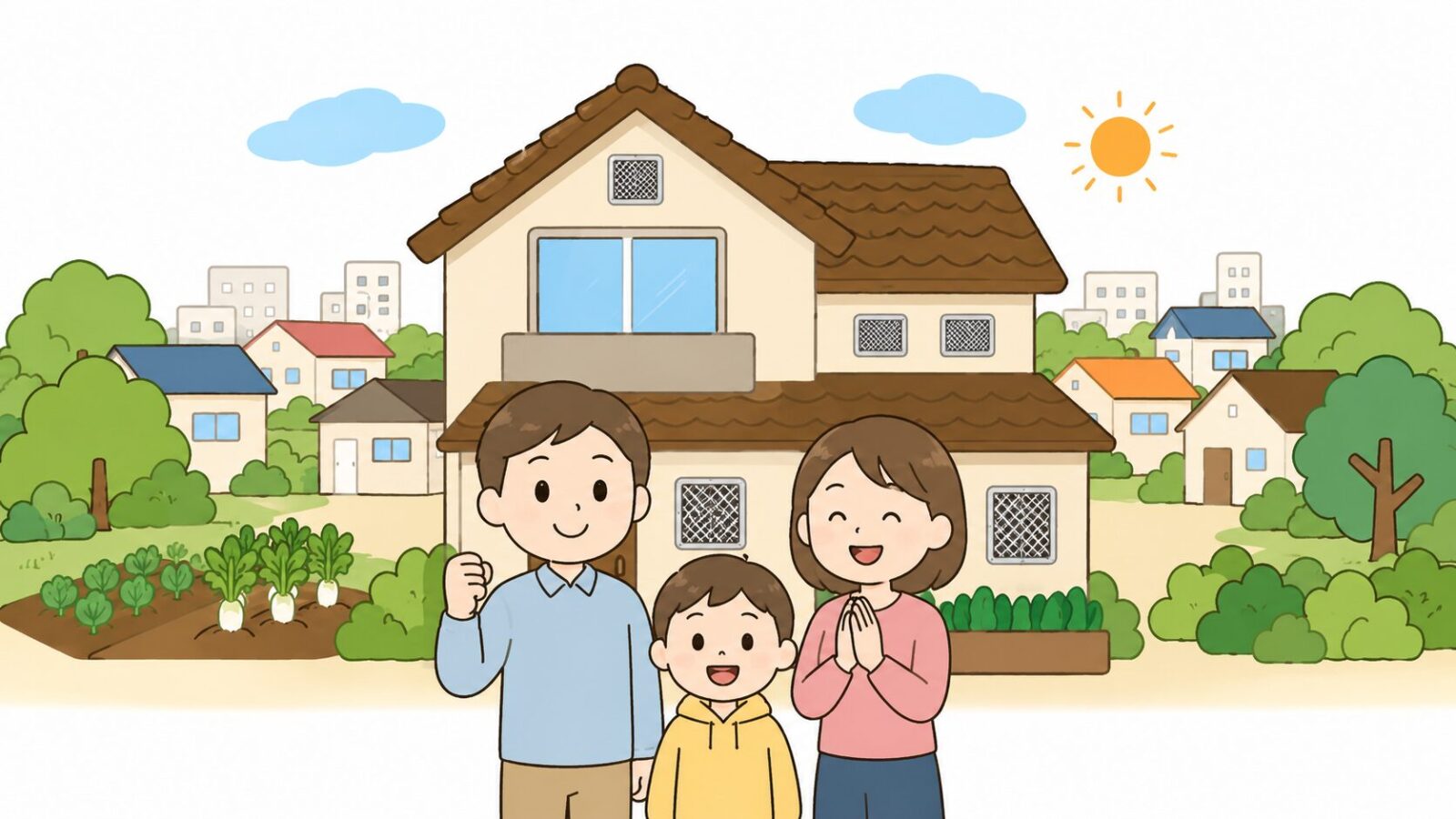 対策を終えた上尾市の住宅の前で安心する家族と雑木林の緑を描いたいらすとや風イラスト