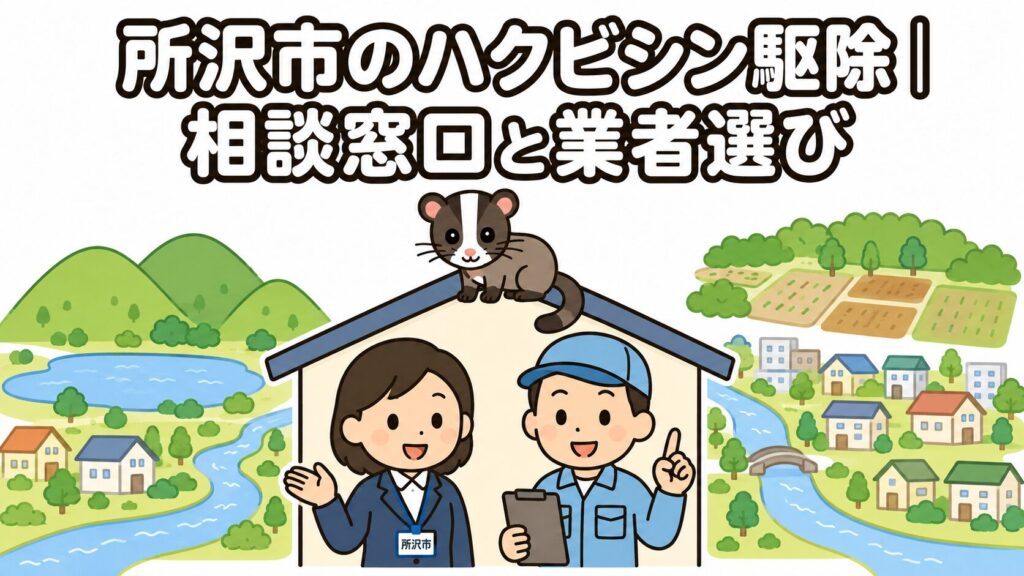 埼玉県所沢市の住宅地と狭山丘陵の緑を背景に、屋根に乗った丸いハクビシンと市の相談窓口の職員・害獣駆除業者を描いた、所沢市のハクビシン駆除の相談窓口と業者選びを表すいらすとや風アイキャッチ画像