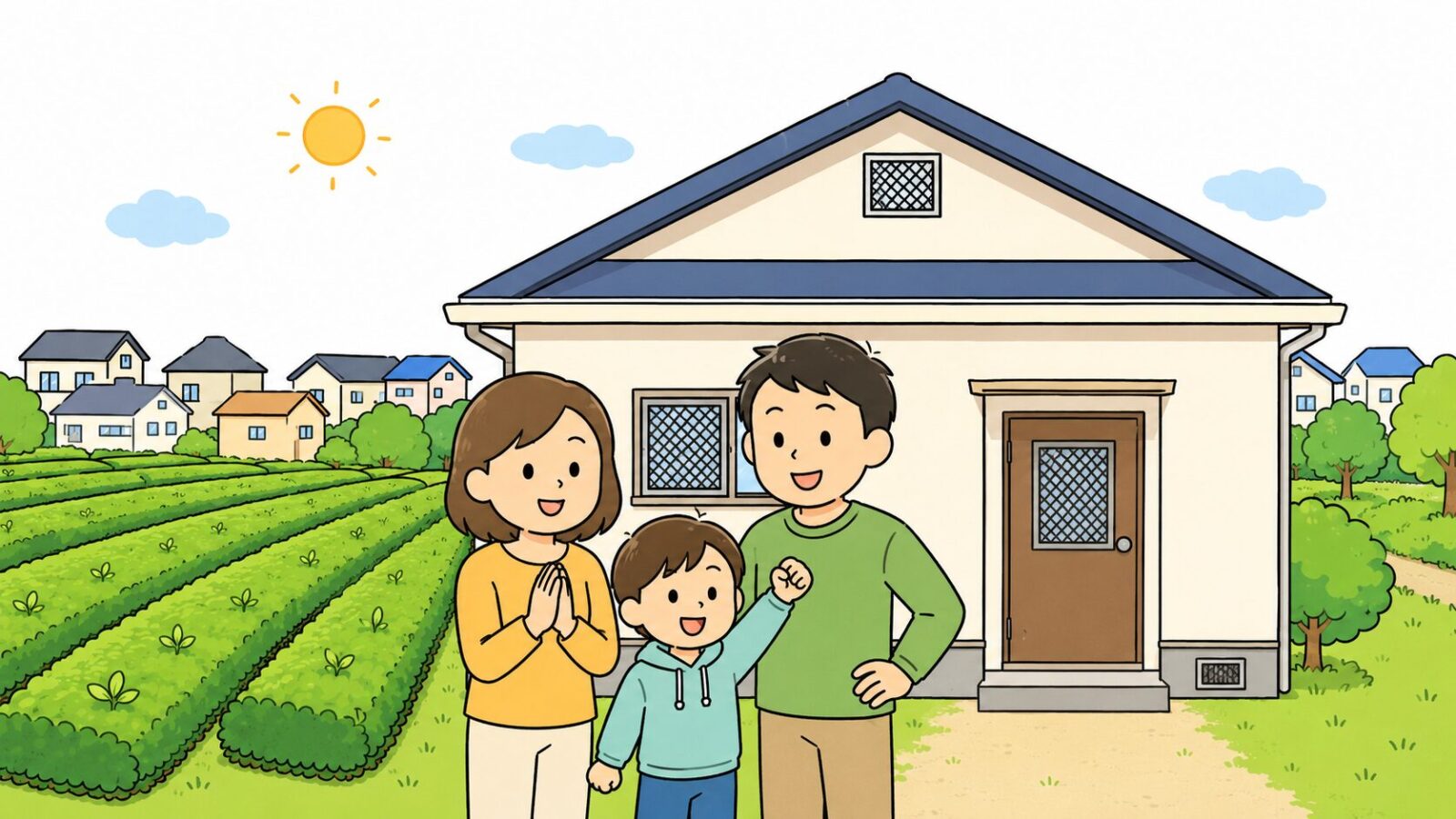 対策を終えた狭山市の住宅の前で安心する家族と茶畑の緑を描いたいらすとや風イラスト