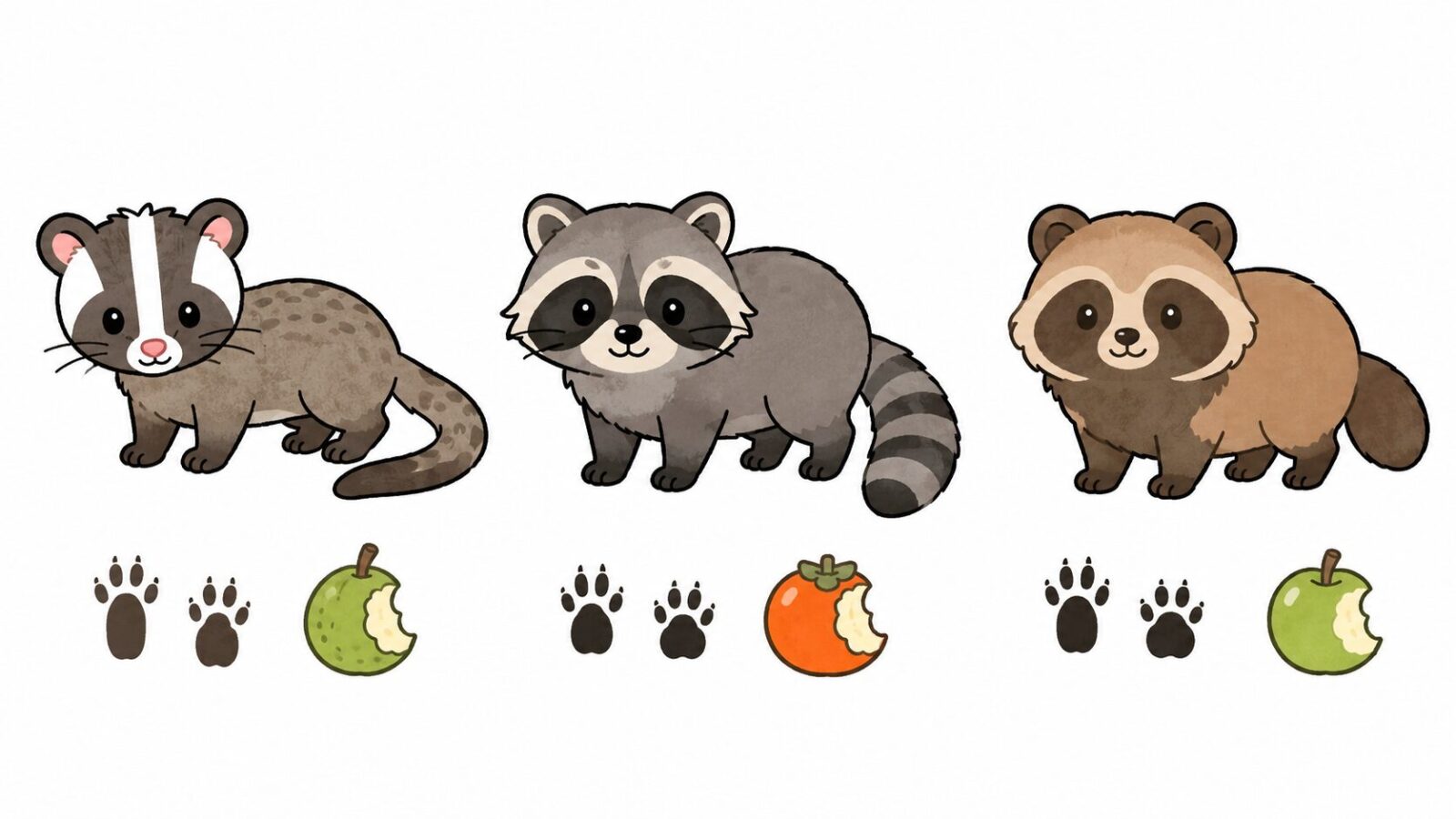 ハクビシンとアライグマとタヌキの特徴を比較するいらすとや風イラスト