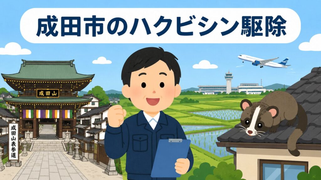 成田山新勝寺の門前町と北総台地の農地・成田国際空港を背景に、屋根からのぞくハクビシンと案内する守谷タクミを描いたいらすとや風イラスト