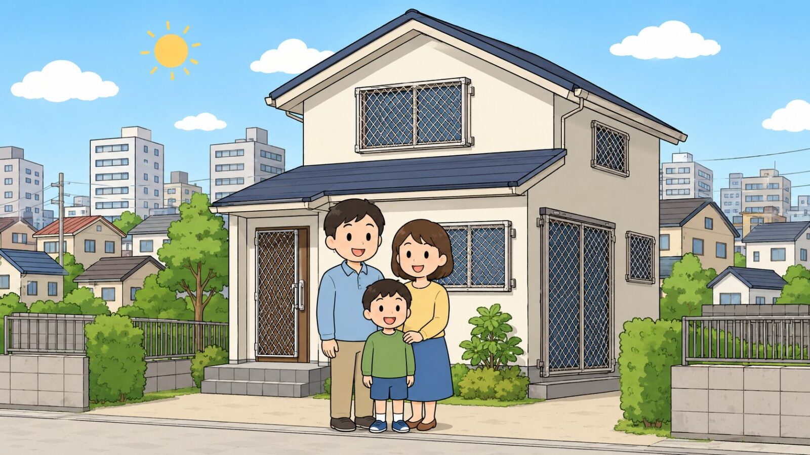 対策を終えた和光市の住宅の前で安心する家族を描いたいらすとや風イラスト