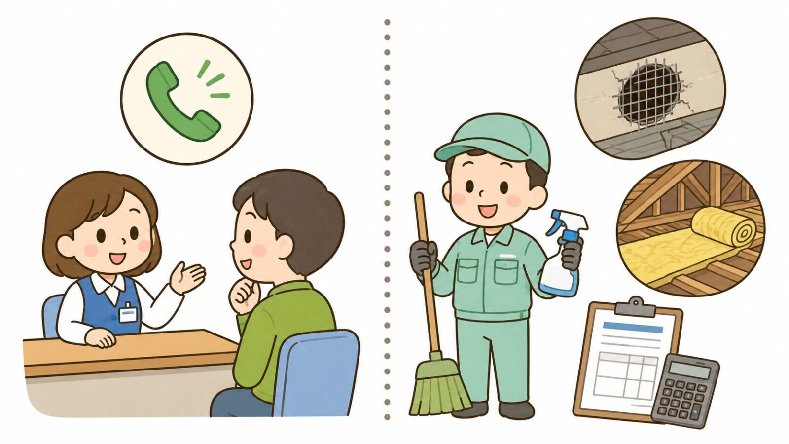 朝霞市の窓口で相談できる範囲と民間業者に依頼する清掃・封鎖作業の役割分担を比較したいらすとや風イラスト