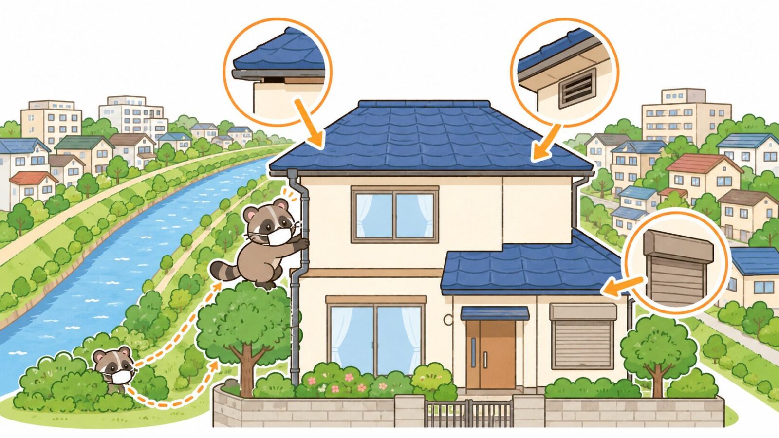 黒目川が流れ台地と低地が混在する朝霞市の住宅地でハクビシンの侵入経路を示したいらすとや風イラスト