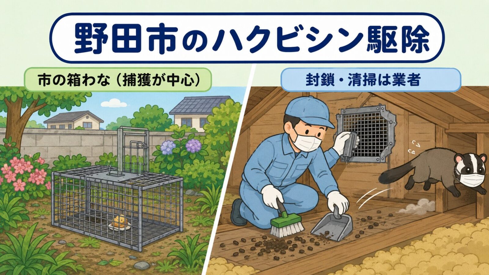 野田市の箱わな捕獲と民間業者に依頼する屋根裏の清掃・封鎖作業の役割分担を比較したいらすとや風イラスト
