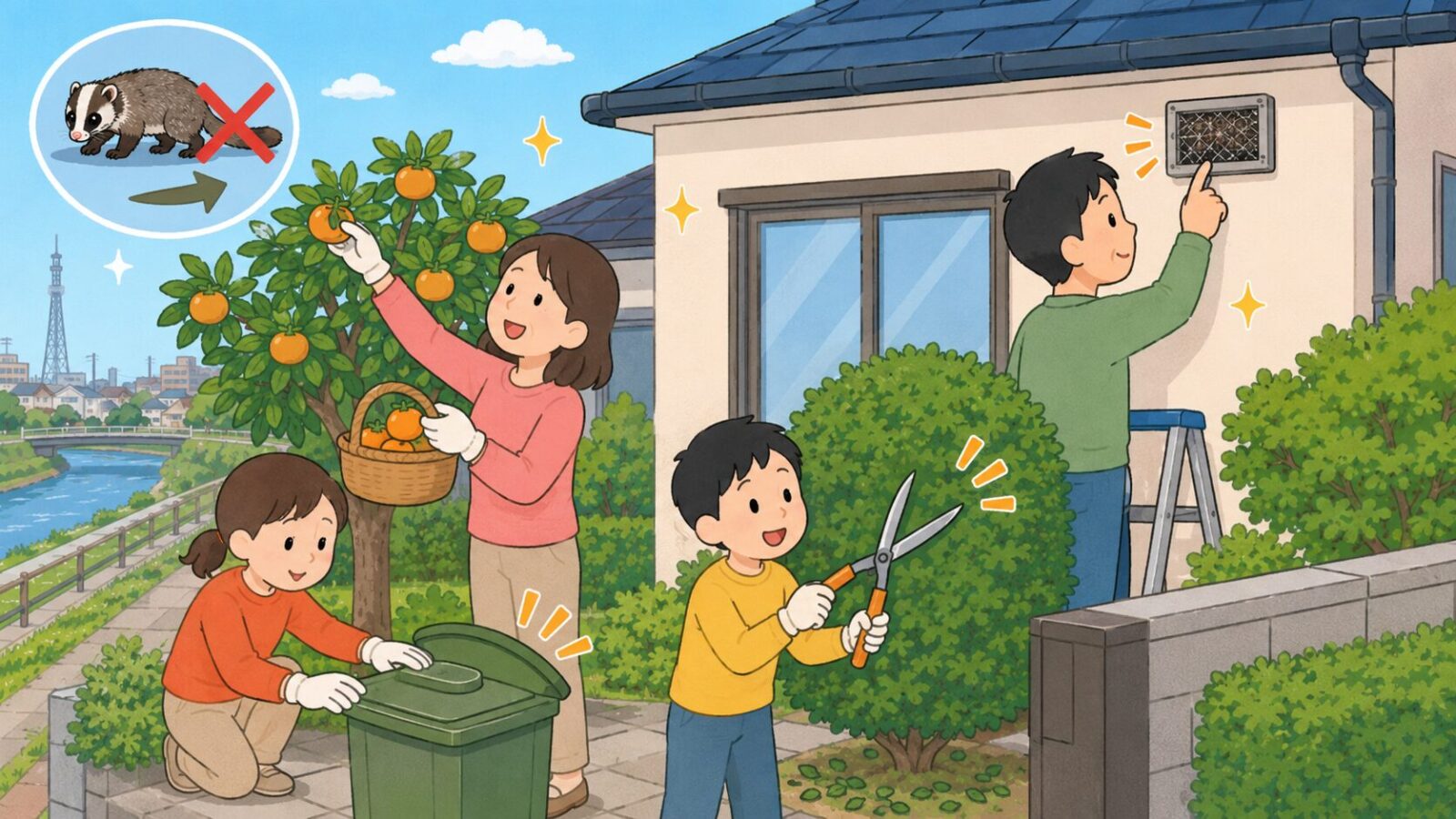 草加市の戸建てで果実の早期収穫・庭木剪定・侵入口点検などハクビシン予防を行う家族のイラスト