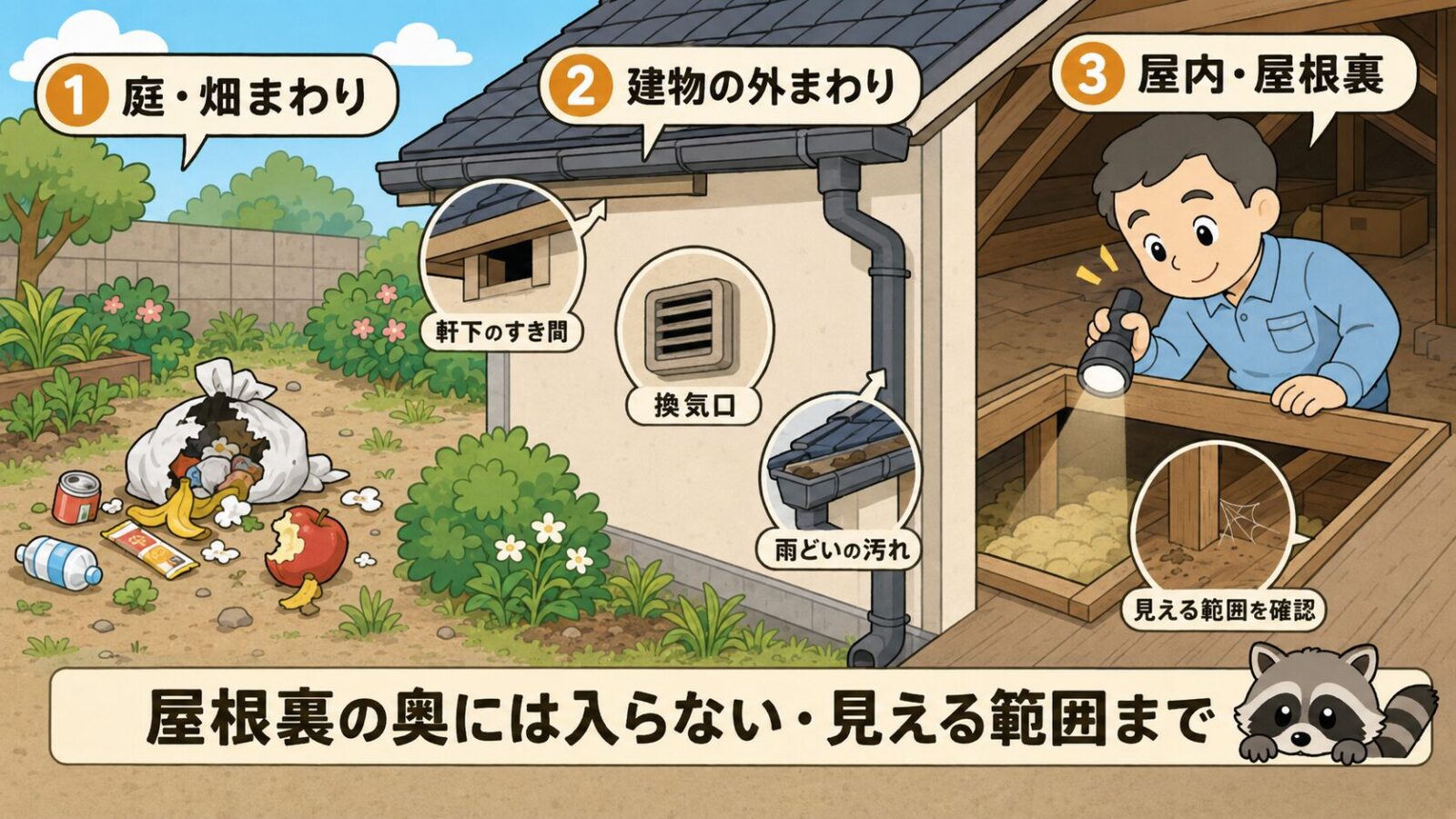 確認する場所を3つに分けた住宅まわりの図解。庭や畑まわりの荒らされたゴミと食べ跡、建物の外まわりの軒下のすき間・換気口・雨どいの汚れ、屋内や屋根裏を懐中電灯で照らす守谷タクミを配置し、屋根裏の奥には入らず見える範囲までにとどめるよう促すいらすとや風イラスト。