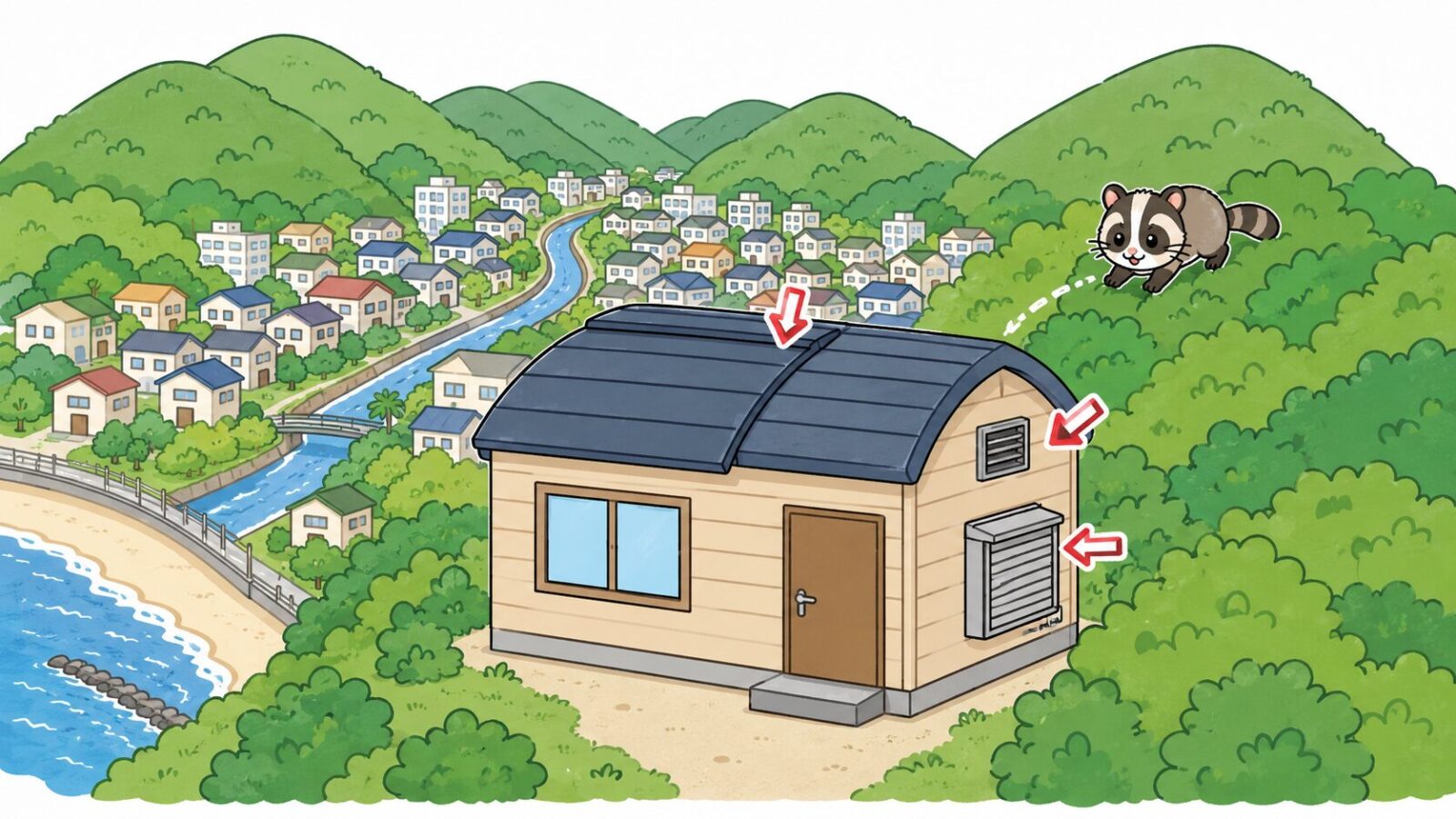 三方を丘陵に囲まれ田越川沿いに平地が広がる逗子市の谷戸の住宅でハクビシンの侵入経路を示したいらすとや風イラスト