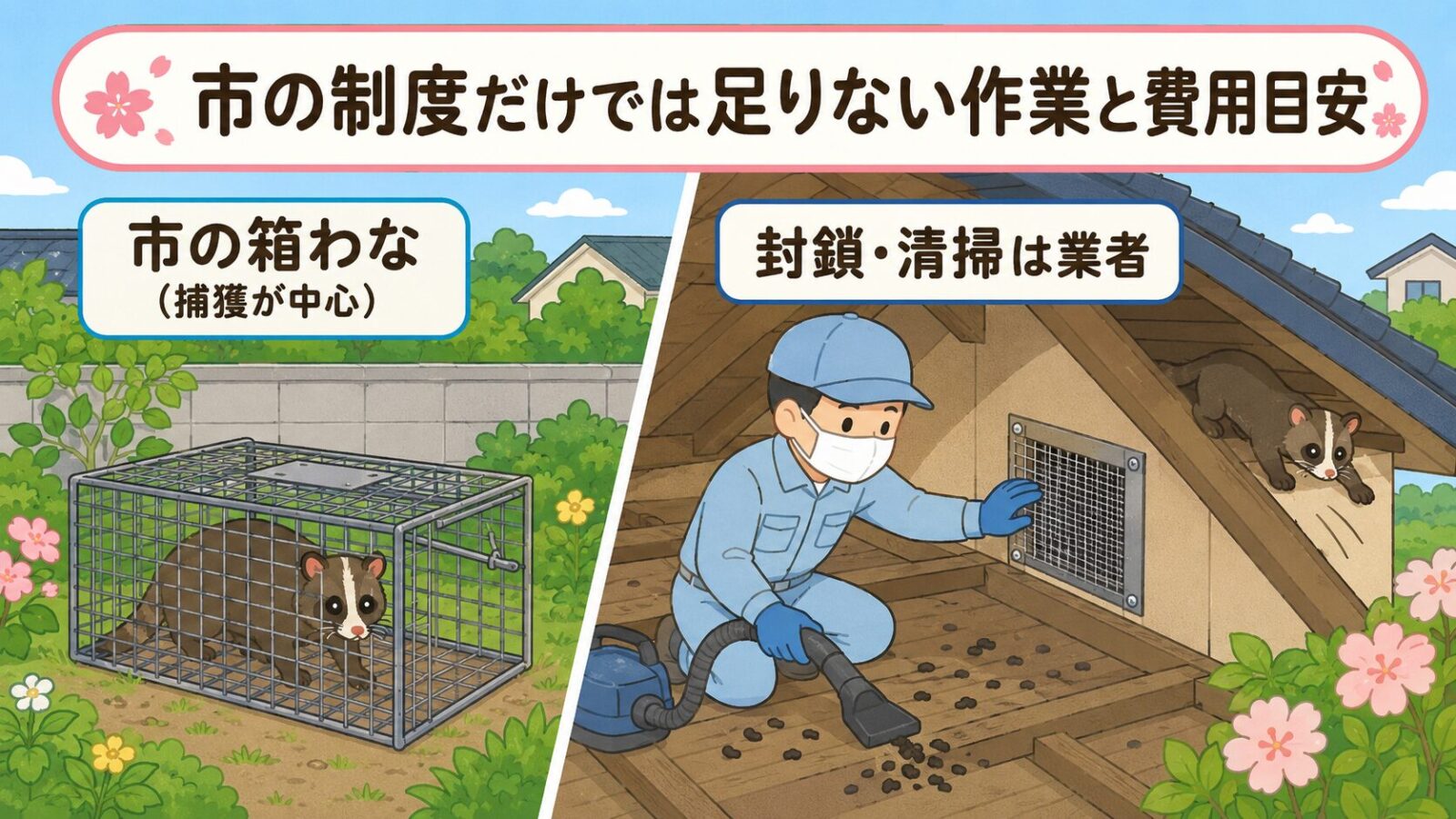 佐倉市の箱わな捕獲と民間業者に依頼する屋根裏の清掃・封鎖作業の役割分担を比較したいらすとや風イラスト