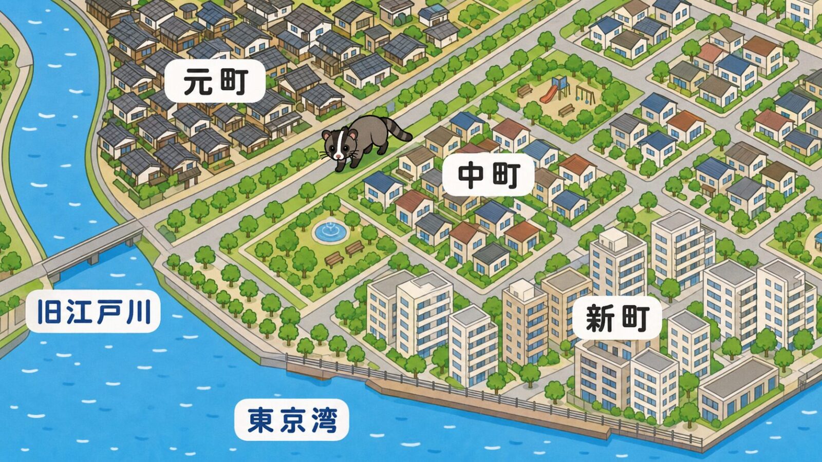 元町・中町・新町と旧江戸川、東京湾の位置関係とハクビシンの移動経路のイメージを描いた浦安市の地図風いらすとや風イラスト