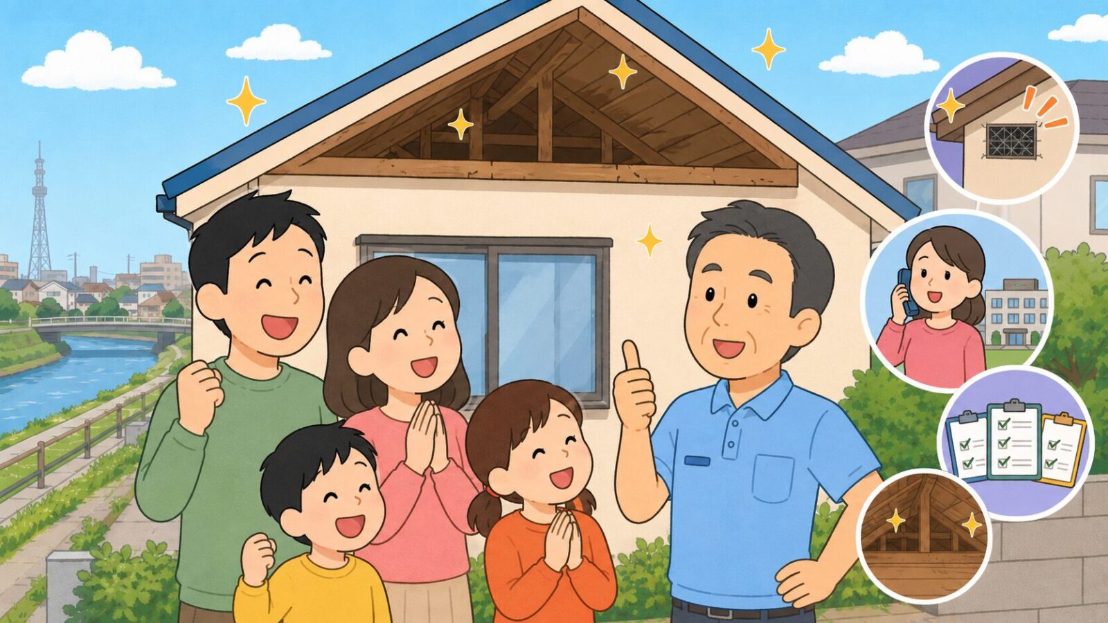 草加市でハクビシン対策が完了した住宅と安心する家族のイラスト