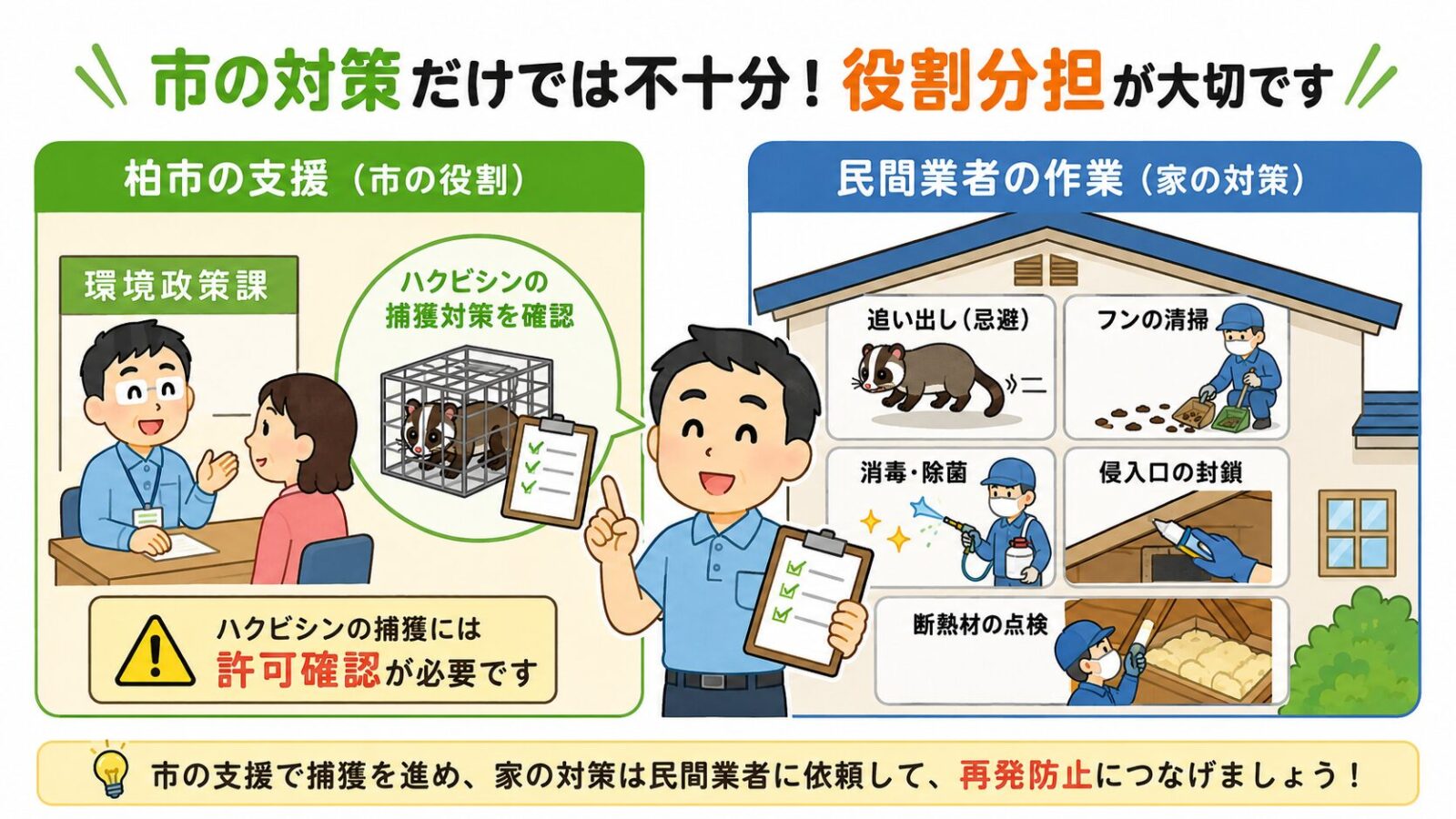 柏市の箱わな制度と民間業者の清掃封鎖作業を分けて示すいらすとや風イラスト